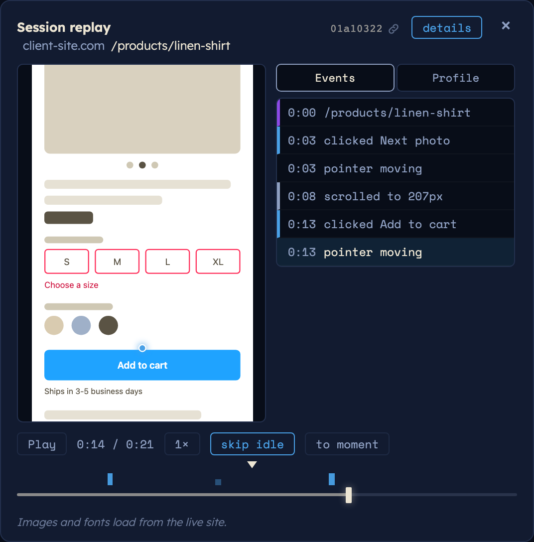 Data Drivven's replay player on a mocked product page: a mobile shopper has tapped Add to cart without choosing a size, the size buttons show Choose a size, and the event list reads landed, clicked Next photo, scrolled, clicked Add to cart.